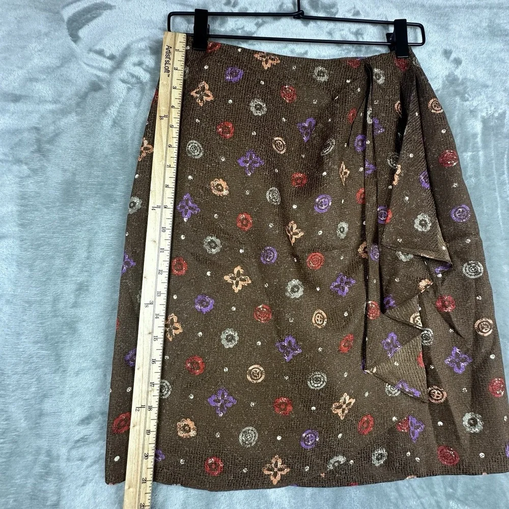 VTG Anne Klein II Silk Wrap Skirt Women's 6 Petite Brown w/ Multicolor Geometric - Picture 3 of 8